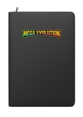 A black zippered portfolio folder or notebook cover with a colorful 'MEGA EVOLUTION' logo printed on the front, shown against a plain white background.